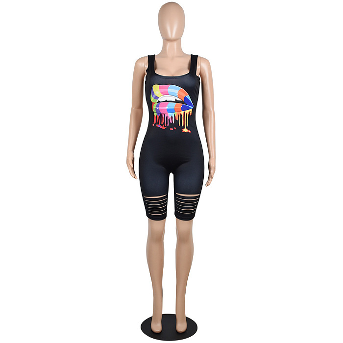 Front Logo Print Tank Romper Jumpusit