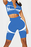 Fashion Casual Positioning Printing Zipper Dew Waist Cultivate One's Morality Short Sleeve Sport Shorts Sets SM9153