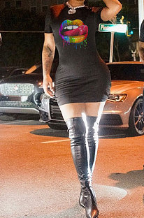 Trendy Casual Offset Printing Mouth Graphic Mini Dress PU6056