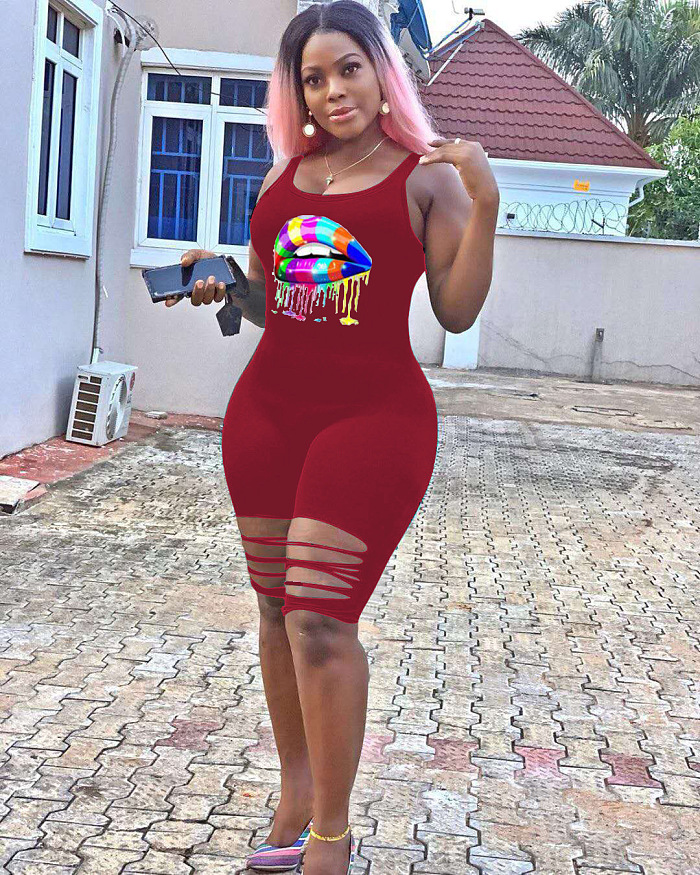 Front Logo Print Tank Romper Jumpusit