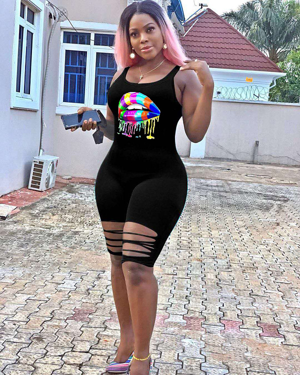 Front Logo Print Tank Romper Jumpusit