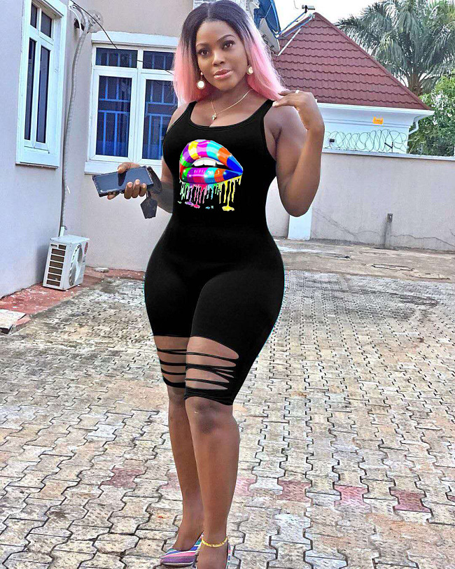 Front Logo Print Tank Romper Jumpusit