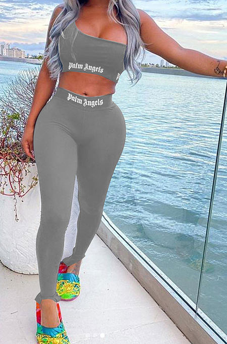Pure Color Trendy Letter Printing Tight Sport Pants Sets MF6608