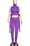 Pure Color Shirred Detail Open Fork Micro Flared Trousers Sport Casual Pants Sets WXY8831