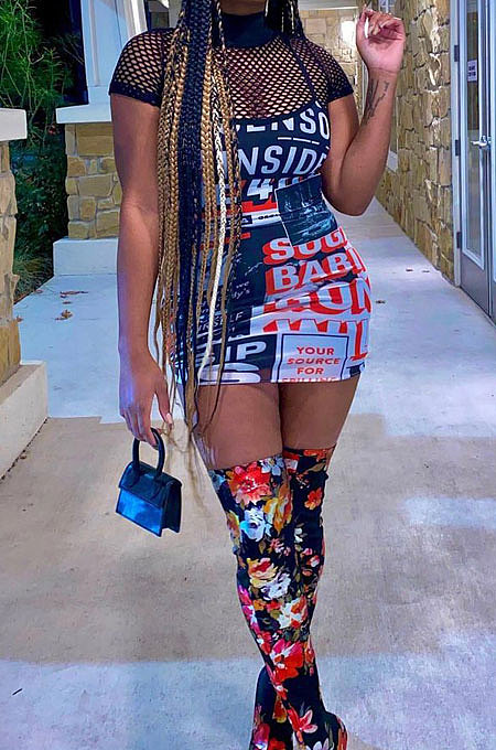 Sexy Grid Spliced Printing Mini Dress QMQ7018