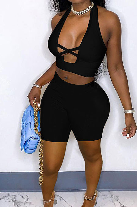 Pure Color Sexy Cross Hollow Out Shorts Sets QMQ7026