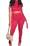 Pure Color Shirred Detail Open Fork Micro Flared Trousers Sport Casual Pants Sets WXY8831