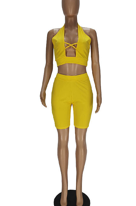 Pure Color Sexy Cross Hollow Out Shorts Sets QMQ7026