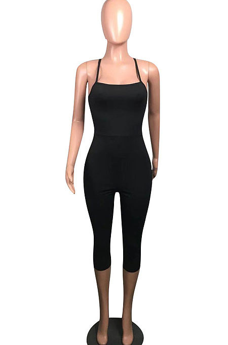 Pure Color Pit Bar Backless Bind Sexy Romper Shorts HH8959