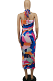 Fashion Sexy Hang A Neck Print Wrap Skirts Suits SDE2103