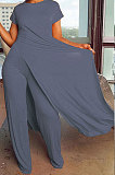 Women Pure Color Casual Short Sleeve Long Pants Two-Pieces XT887