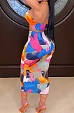 Fashion Sexy Hang A Neck Print Wrap Skirts Suits SDE2103