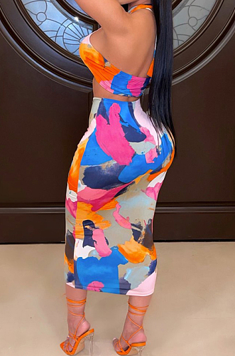 Fashion Sexy Hang A Neck Print Wrap Skirts Suits SDE2103