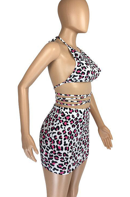 Sexy Leopard Print Hang A Neck Bind Short Skirts Two-Piece LMM8220