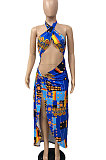 Irregular Open Fork Hang A Neck Midriff Sexy Printing Long Dress DY6645