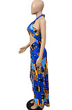 Irregular Open Fork Hang A Neck Midriff Sexy Printing Long Dress DY6645