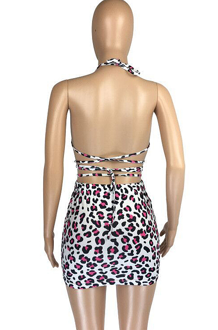 Sexy Leopard Print Hang A Neck Bind Short Skirts Two-Piece LMM8220