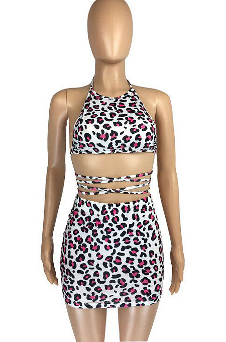 Sexy Leopard Print Hang A Neck Bind Short Skirts Two-Piece LMM8220
