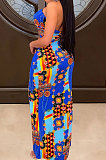 Irregular Open Fork Hang A Neck Midriff Sexy Printing Long Dress DY6645
