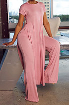 Women Pure Color Casual Short Sleeve Long Pants Two-Pieces XT887