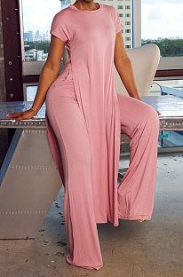Women Pure Color Casual Short Sleeve Long Pants Two-Pieces XT887