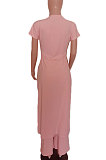 Women Pure Color Casual Short Sleeve Long Pants Two-Pieces XT887