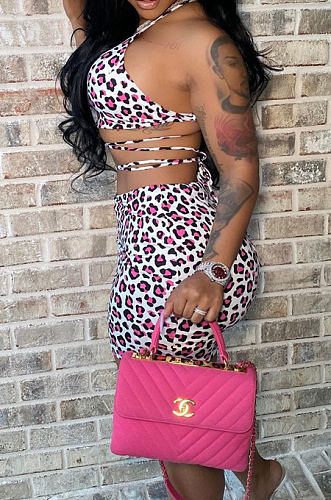 Sexy Leopard Print Hang A Neck Bind Short Skirts Two-Piece LMM8220