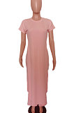 Women Pure Color Casual Short Sleeve Long Pants Two-Pieces XT887