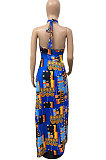 Irregular Open Fork Hang A Neck Midriff Sexy Printing Long Dress DY6645