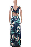 Sexy Euramerican Digital Printing Open Fork Backless Deep V Long Dress K8306