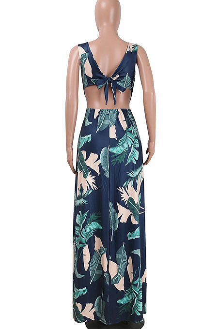 Sexy Euramerican Digital Printing Open Fork Backless Deep V Long Dress K8306