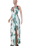 Sexy Euramerican Digital Printing Open Fork Backless Deep V Long Dress K8306