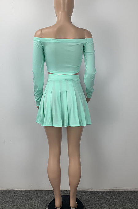 Trendy Sexy Pure Color Dew Shoulder Pleated Skirt Sets ML7426