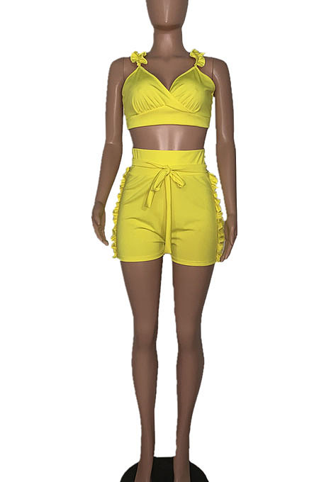 Summer Sexy Women Falbala V Neck Backless Pure Color Two-Pieces MDF5052