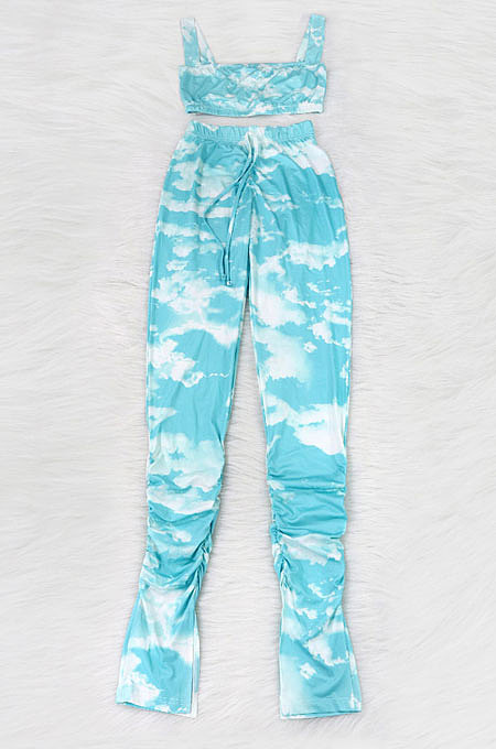 Sexy Slip Bandeau Bra Tie Dye Draw String Ruffle Long Pants Sets MA6670