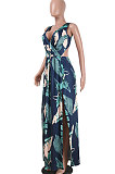 Sexy Euramerican Digital Printing Open Fork Backless Deep V Long Dress K8306