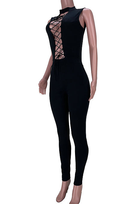 Fashion Casual Chest Eyelet Bind Sexy Backless Bodycon Jumpsuits MDF5216