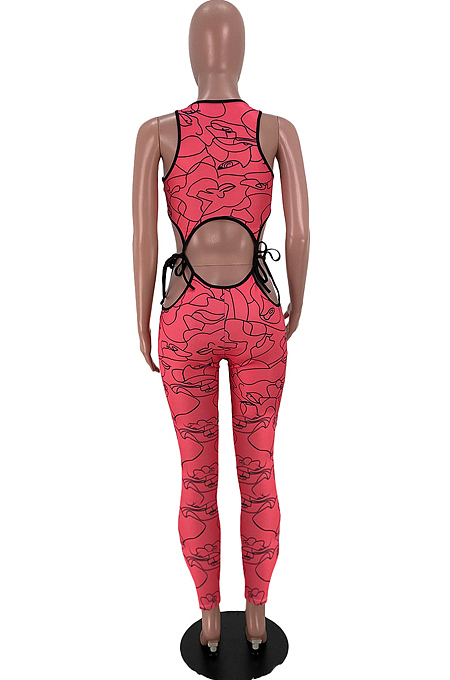 Digital Printing Sleeveless Long Pants Hollow Out Sexy Two-Piece ARM8253