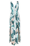 Sexy Euramerican Digital Printing Open Fork Backless Deep V Long Dress K8306