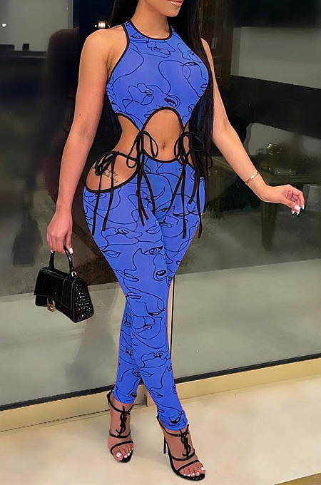 Digital Printing Sleeveless Long Pants Hollow Out Sexy Two-Piece ARM8253
