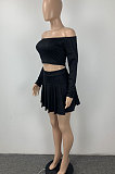 Trendy Sexy Pure Color Dew Shoulder Pleated Skirt Sets ML7426
