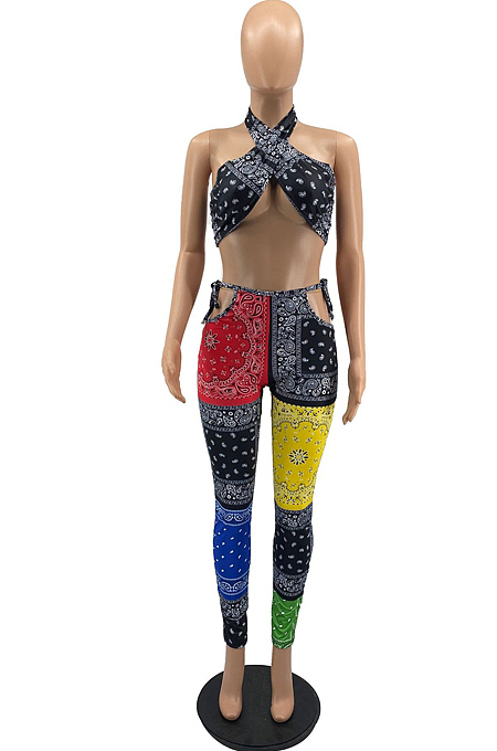 Summer Paisley Print Contrast Color Night Clud Two-Piece YYF8177