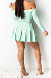 Trendy Sexy Pure Color Dew Shoulder Pleated Skirt Sets ML7426