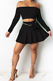 Trendy Sexy Pure Color Dew Shoulder Pleated Skirt Sets ML7426