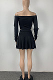 Trendy Sexy Pure Color Dew Shoulder Pleated Skirt Sets ML7426