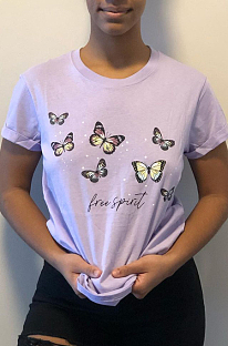 Casual Prue Color Print Round Neck Short Sleeve T Shirts E8564