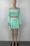 Trendy Sexy Pure Color Dew Shoulder Pleated Skirt Sets ML7426