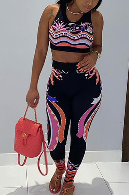 Casual High Elastic Tight Printing Pants Sets WXY8833