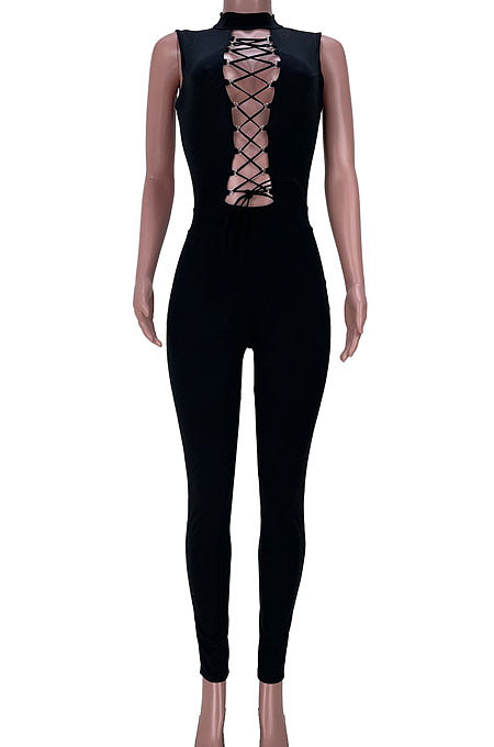 Fashion Casual Chest Eyelet Bind Sexy Backless Bodycon Jumpsuits MDF5216