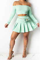 Trendy Sexy Pure Color Dew Shoulder Pleated Skirt Sets ML7426